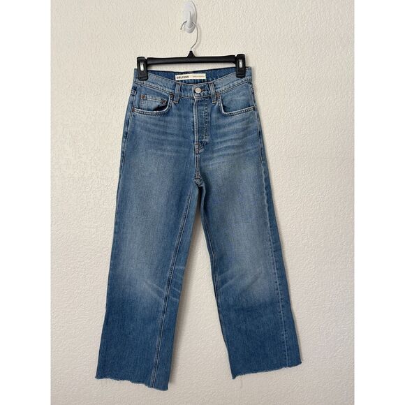 GRLFRND Brooklyn High Rise Straight Jeans Medium Wash Raw Hem Sz 24 - Picture 1 of 10